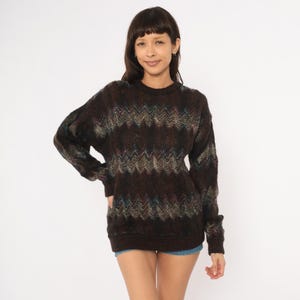 80s Chevron Zigzag Sweater Dark Brown Chocolate Wool Blend Knit Pullover Black Blue Stripe Pattern Croft Barrow Vintage Boxy Fit Small S