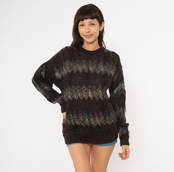 80s Chevron Zigzag Sweater Dark Brown Chocolate Wool Blend Knit Pullover Black Blue Stripe Pattern Croft Barrow Vintage Boxy Fit Small S