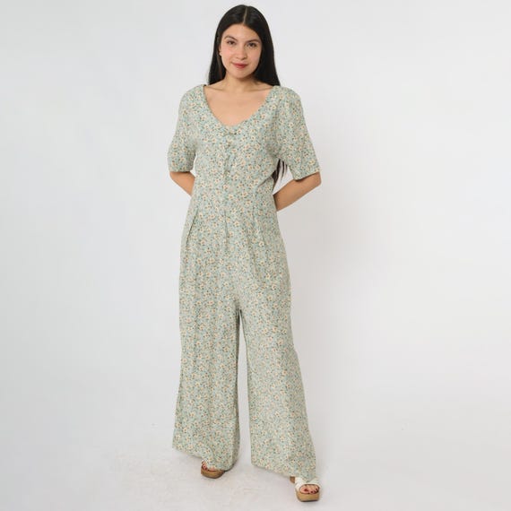 Ditsy Floral Jumpsuit 90s Sage Green Pink Floral Print Wide Leg Palazzo Pants Cottagecore Prairie Romance Y2K Fairy Dreamy Medium M 12