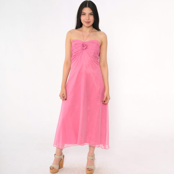 Vintage Pink Chiffon Dress 80s Strapless Formal Gown Rosette Halter Strap Sweetheart Neckline Boned Bodice 1980s Midi Empire Waist Medium 8