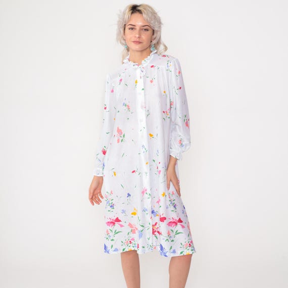 70s Floral Lounge Dress Vintage Semi-Sheer White House Dress Midi Nightie Long Puff Sleeve Ruffle Snap Button Up Pajama Robe 1970s Medium M