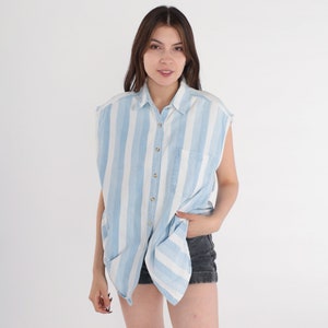 Striped Tank Top 90s Sleeveless Button up Shirt Blue White Blouse Retro Summer Collared Raw Cutoff Armhole Cotton Vintage 1990s Medium M