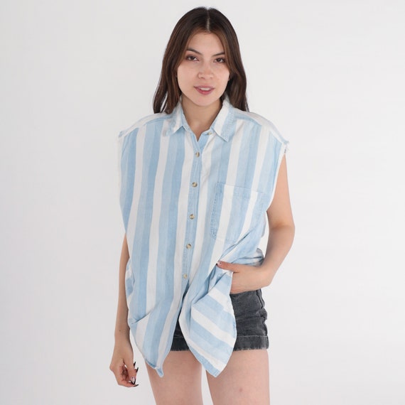 Striped Tank Top 90s Sleeveless Button up Shirt Blue White Blouse Retro Summer Collared Raw Cutoff Armhole Cotton Vintage 1990s Medium M