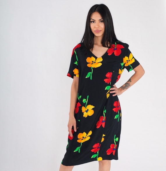 Poppy Print Dress 90s Black Floral Midi Dress Retro Knee Length Short Sleeve Day Dress Summer Red Yellow Vintage 1990s Large