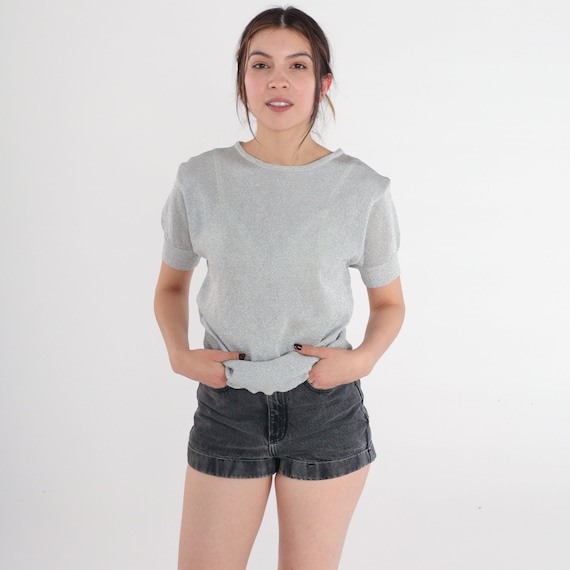 Silver Knit Top 80s Metallic Shirt Sparkly Short Sleeve Sweater Retro Blouse Glam Party Simple Basic Plain Bohemian Vintage 1980s Small S