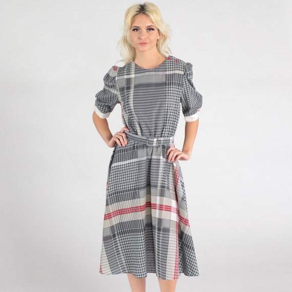 Grey Plaid Dress 80s PUFF Sleeve Midi Puffy Checkered Dress High Waisted Preppy Retro Vintage Black White Belted Small Medium