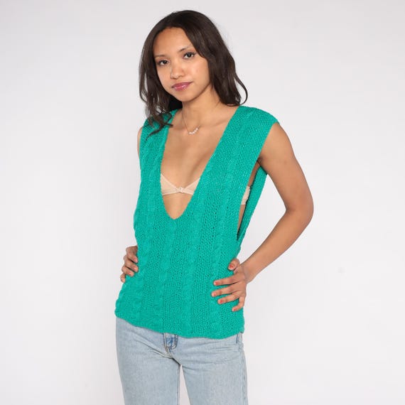 Cable Knit Vest 90s Emerald Deep V-Neck Preppy Nerdcore Collegiate Sweater Sleeveless Top Jade Green Prep School Winter Layering Small S