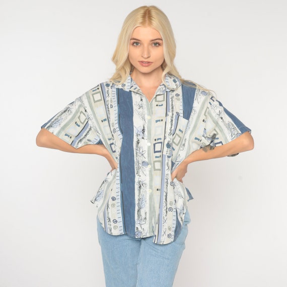 90s Geometric Shirt Blue Striped Blouse Button Up Swirl Print Top 1990s Leaf Print Short Sleeve Vintage Retro 1990s White Large L