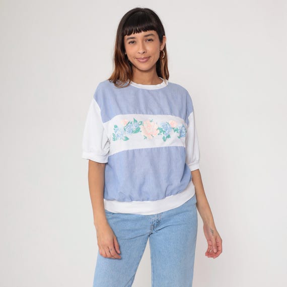 Floral Stripe Knit Top 90s White Blue Pink Rose Print Short Sleeve Color Block Vintage Ribbed Blouse Casual Preppy Floral Panel Medium M