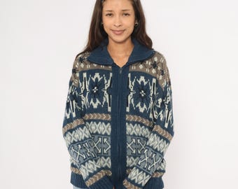 Nordische Fair Isle Zip Cardigan Blau Taupe Cream Geometrische Strickjacke Navy Schneeflocke Winter Skihütte gemütlich warm Vintage 90er Jahre Medium M
