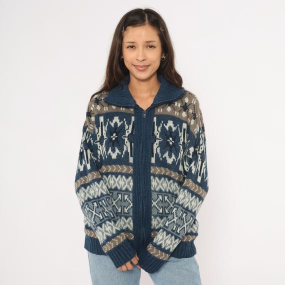 Nordic Fair Isle Zip Cardigan Blue Taupe Cream Geometric Knit Sweater Jacket Navy Snowflake Winter Ski Lodge Cozy Warm Vintage 90s Medium M