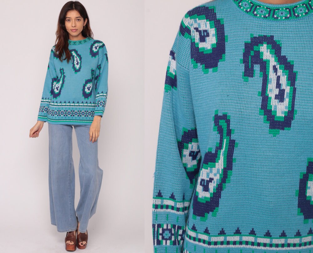Boho Sweater 70s Sweater Paisley Sweater Knit Blue Pullover Sweater 1970s Bohemian Hippie 
