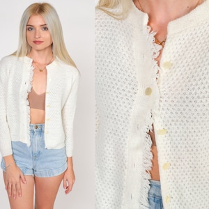White Pointelle Cardigan 60s Button Up Sweater Open Weave Knit Fringe Retro Boho Cutout Sweater Vintage 1960s Granny Plain Sweater 2xs xxs