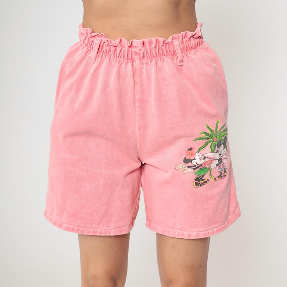Vintage Mickey Mouse Shorts 90s Tropical Disney Minnie Mouse Short Pink Paper Bag High Waisted Jean 1990s Jerry Leigh Surf Extra Small xs 24