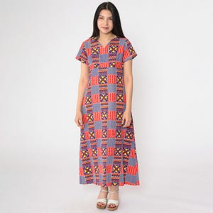 Vintage Boho Patchwork Dress 70s Long Bohemian Empire Waist Geometric Red Blue 1970s Short Sleeve Festival Ankle Length Midi V Neck Medium 8