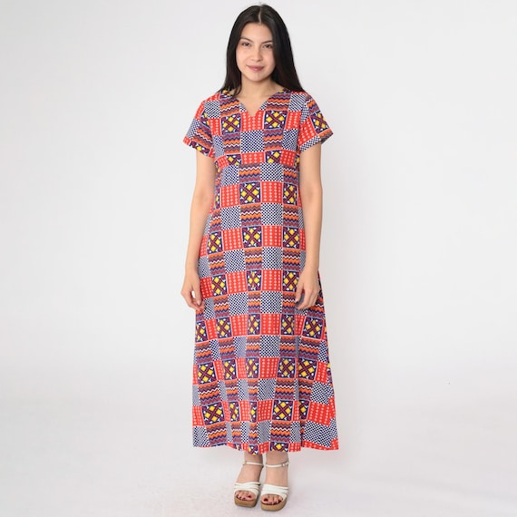 Vintage Boho Patchwork Dress 70s Long Bohemian Empire Waist Geometric Red Blue 1970s Short Sleeve Festival Ankle Length Midi V Neck Medium 8
