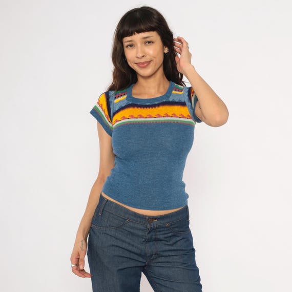 70s Southwestern Knit Top JCPenney Cap Sleeve Scoop Neck Fair Isle Pullover Sweater Striped Geometric Fitted Cropped Vintage Extra Small XS