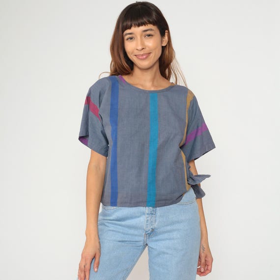 Striped Colorful Blouse 80s Vertical Stripes Short Sleeve Gray Blue Teal Purple Yellow Red Vintage Summer Shirt Loose Fit Preppy Medium M