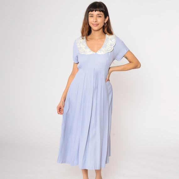 Vintage Lavender Pleated Dress 90s Soutache Lace Collar Midi Fit and Flare High Waist Bohemian Purple 1990s Boho Short Sleeve Petite Small