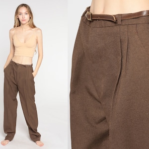 70s Trousers Brown Straight Leg Pants Retro Boho Hippie Pleated Trousers High Rise Waist Seventies Creased Vintage 1970s lord Isaacs Small S