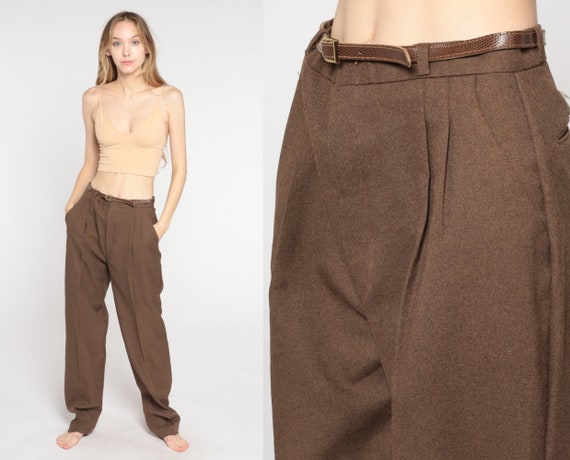 70s Trousers Brown Straight Leg Pants Retro Boho Hippie Pleated Trousers High Rise Waist Seventies Creased Vintage 1970s lord Isaacs Small S