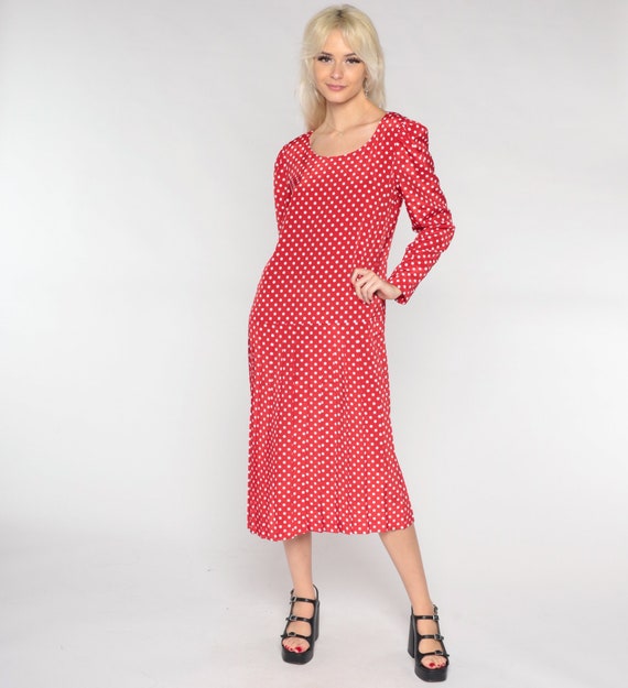 Polka Dot Dress 90s Red Midi Dress Long Sleeve Low Drop Waist Pleated Secretary Dress Retro Modest Preppy Leslie Fay Vintage 1990s Medium 10