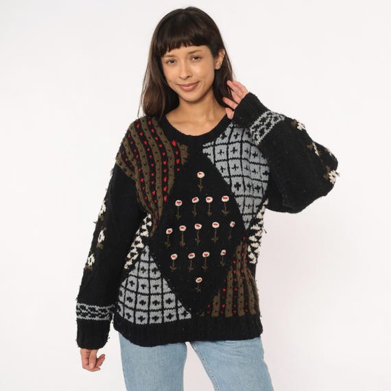 Hearts n Flowers Knit Sweater 80s Patchwork Black Geometric Embroidered Chunky Folk Pattern Vintage Textured Cottagecore Soft Grunge Small S