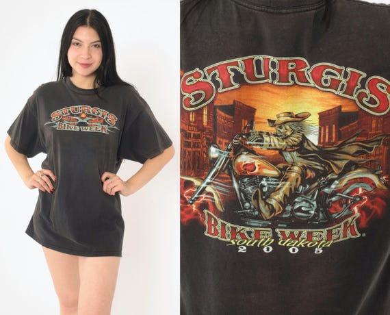 Vintage Sturgis Bike Week Shirt Biker T Shirt Motorcycle Shirt 00s Faded Skeleton Cowboy Shirt Vintage North Dakota Shirt Medium Large