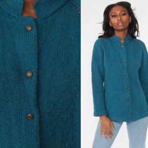 Blue Cardigan Sweater 70s Sweater Raglan Sleeve Plain Wool Blend Button Up Grandma Sweater Slouchy Boho Vintage 80s Bohemian Medium image 1