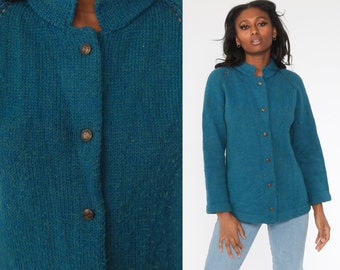 Blue Cardigan Sweater 70s Sweater Raglan Sleeve Plain Wool Blend Button Up Grandma Sweater Slouchy Boho Vintage 80s Bohemian Medium