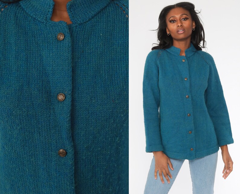 Blue Cardigan Sweater 70s Sweater Raglan Sleeve Plain Wool Blend Button Up Grandma Sweater Slouchy Boho Vintage 80s Bohemian Medium image 1