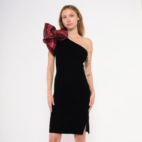 90s Black Cocktail Dress One Shoulder Velvet Metallic Burgundy Rosette Ruffle Party Evening Wine Red Statement Sleeve ZumZum Vintage Small S