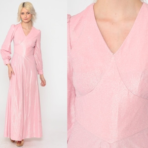 Metallic Maxi Dress 70s Baby Pink Party Dress Disco Long Puff Sleeve High Waisted Long Formal Evening Cocktail Glam Lurex Extra Small xs