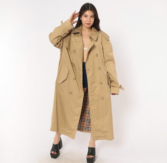 80s Trench Coat Tan Double Breasted Nova Check Lined Khaki Long Jacket Cotton Camel Raincoat Fall Winter Sand Beige Classic Mens Medium M