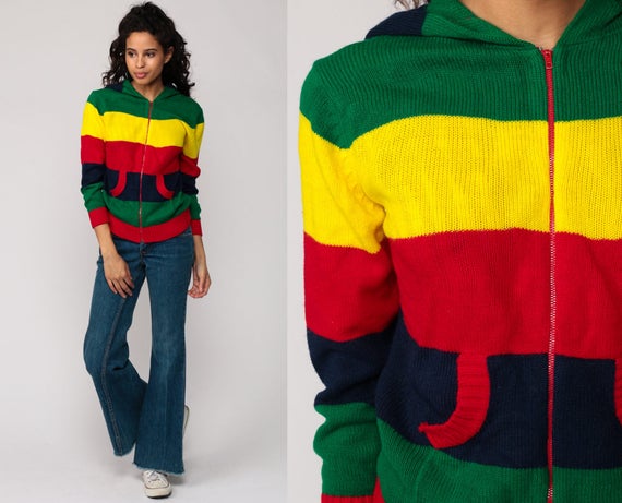 Hooded Sweater Zip Up Hoodie Cardigan Striped Boho HOOD 80s Red Green Kangaroo Pocket 1980s Knit Bohemian Vintage Retro Small Medium