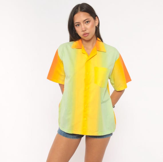 70s Gradient Ombre Shirt Orange Yellow Green Camp Collar Button Front Short Sleeve Colorblock Hawaiian Bowling Top Unisex Vintage Medium M