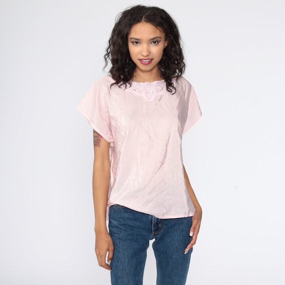 Embroidered Cutout Blouse Baby Pink Cutwork Blouse Floral Eyelet Cut Out Top 80s Short Sleeve 1980s Boho Hippie Bohemian Medium