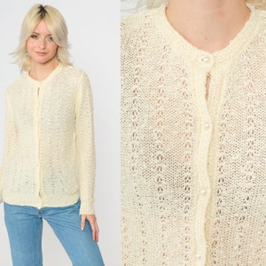 Pale Yellow Cardigan 80s Pointelle Knit Pearl Button up Sweater Open Weave Sheer Sweater Retro Grandma Openwork Vintage 1980s Small S image 2