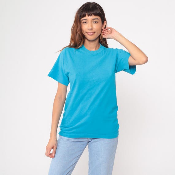 Turquoise Blue Tee 90s Cotton Short Sleeve Crew Neck Basic Plain Solid Color Vintage Tshirt Minimalist Clean Girl Normcore Medium M
