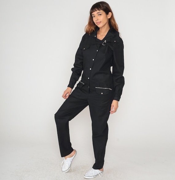 90s Black Jumpsuit Long Sleeve Cotton Coveralls Workwear Utility Vintage Minimalist Normcore Boilersuit Snap Alt Grunge Gothic Rave Medium M