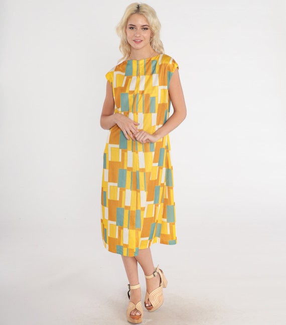 70s Mod Dress Yellow Midi Dress Geometric Checkered Rectangle Print Cap Sleeve A-Line Day Groovy Seventies Shift Vintage 1970s Medium M