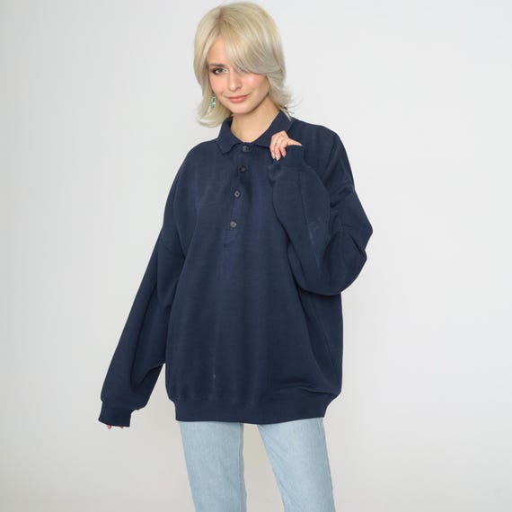 Vintage Polo Sweatshirt 90s Navy Blue Collared Sweatshirt Retro Plain Pullover Slouchy Basic 1990s Men's Extra Large xl