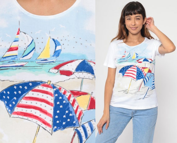 Studded Sailboat Shirt 90s Patriotic Beach Umbrella Tee Embellished Sailor Tee Boat Nautical TShirt Vintage 1990s Graphic White Medium