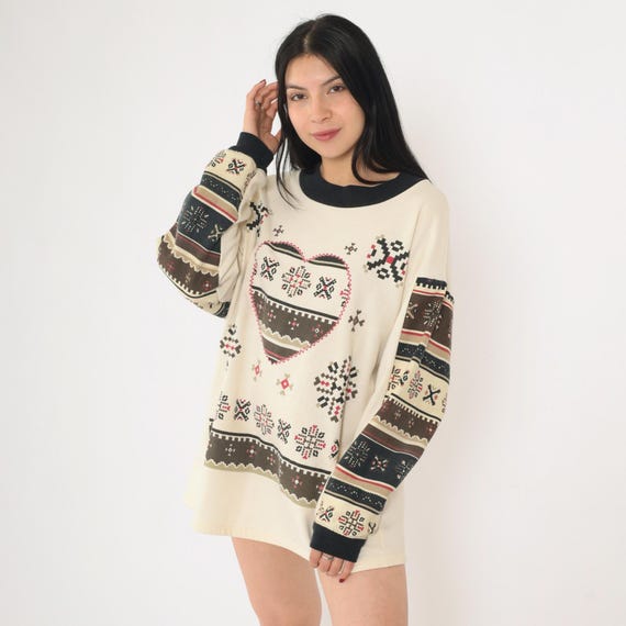 Fair Isle Heart Sweatshirt 90s Cream Grandma Sweater Nordic Ringer Neck Pullover Retro Cozy Cute Winter Top Vintage 1990s Extra Large xl