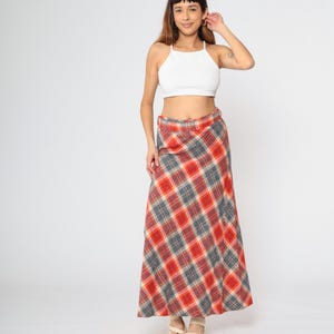 70er Langer Rock kariert Rot Grau Maxi Rock A-Linie Tartan Hochtailliert Retro Academia Kariert Vintage 1970er Jahre Medium Large