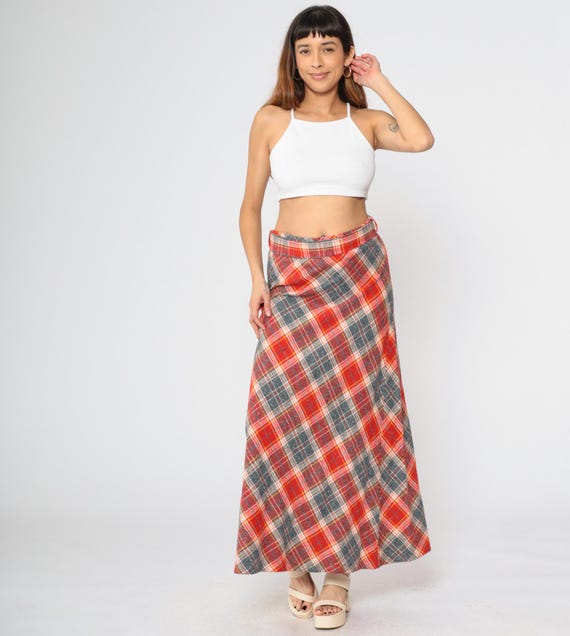 70s Long Plaid Skirt Red Grey Maxi Skirt A-Line Tartan High Waisted Retro Academia Checkered Vintage 1970s Medium Large
