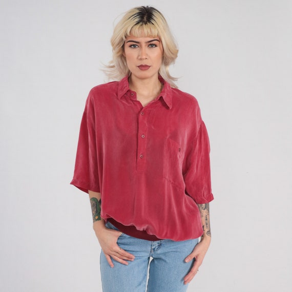 Vintage Red Polo Shirt 90s Silky Collared T-shirt Preppy Basic Slouchy Short Sleeve Top Banded Hem Half Button Up Plain Collar 1990s Mens XL