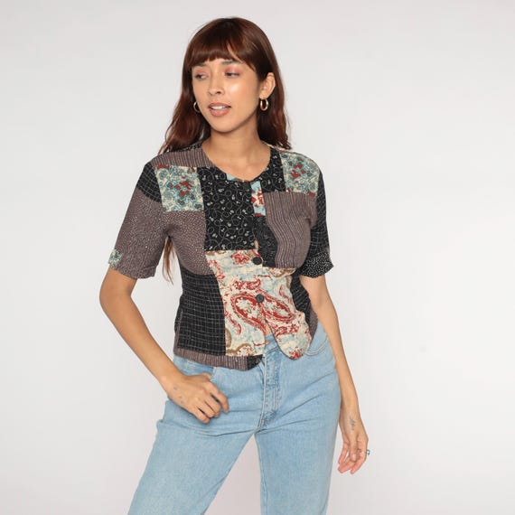80s Patchwork Blouse Cropped Black Brown Cream Floral Paisley Geometric Polka Dot Mixed Print Maximalist Vintage Collared Grunge Alt Small S