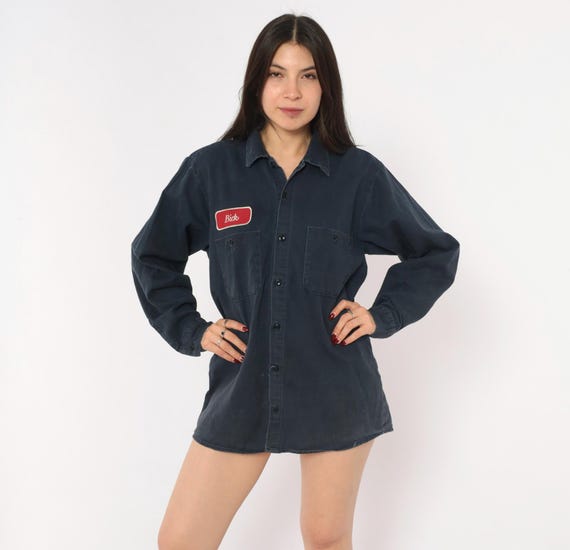 90s Bick Name Patch Mechanic Work Shirt Cintas Navy Blue Button Front Twill Utility Workwear Dark Denim Style Uniform Vintage Medium M