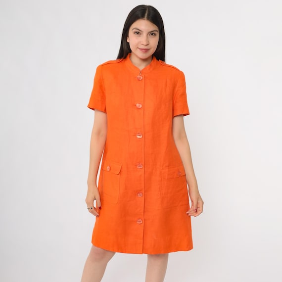 Orange Linen Dress 80s Button Front Short Sleeve Shift Mini Vintage Summer Casual Preppy Professional Work Chic Bright Large 10